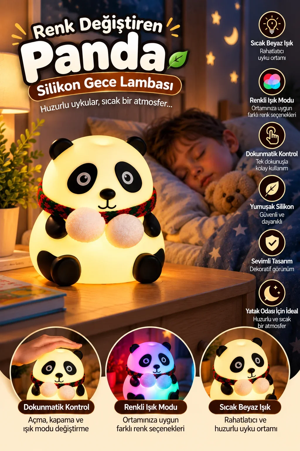 Çocuk Odası İçin Renk Değiştiren Silikon Gece Lambası Dokunmatik Kontrollü Dekoratif görsel 3