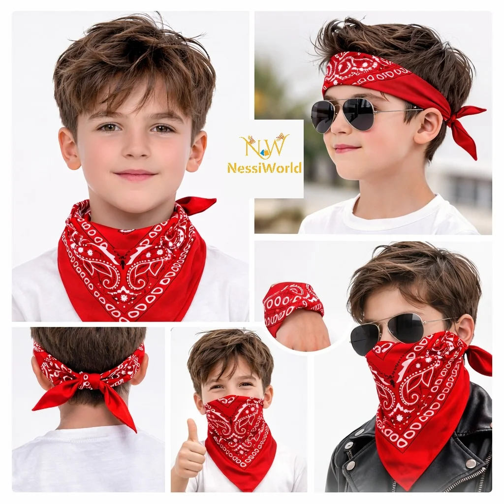 Kırmızı Kovboy Fuları Çocuk Bandana Western Desenli Boyun Fuları