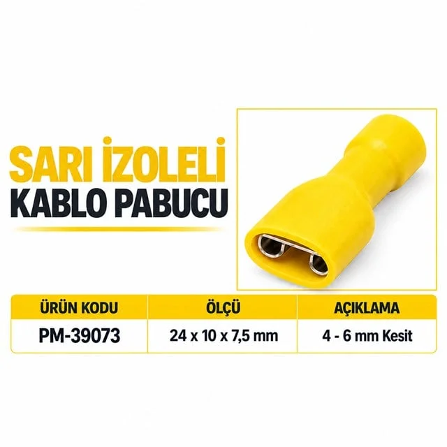 PM-39073 4-6mm2 Kesit 24x10x7,5mm Soket Sarı İzoleli Kablo Pabucu (100’lü Paket) görsel 3