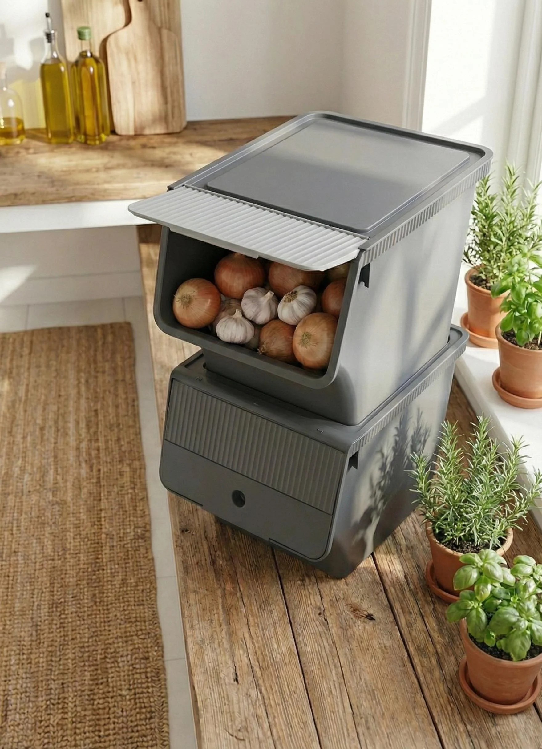 Füme 2'Li 33 LT Modubox Kayar Kapaklı Saklama Kabı & Patates Soğan Kovası & Erzak Kutusu görsel 2