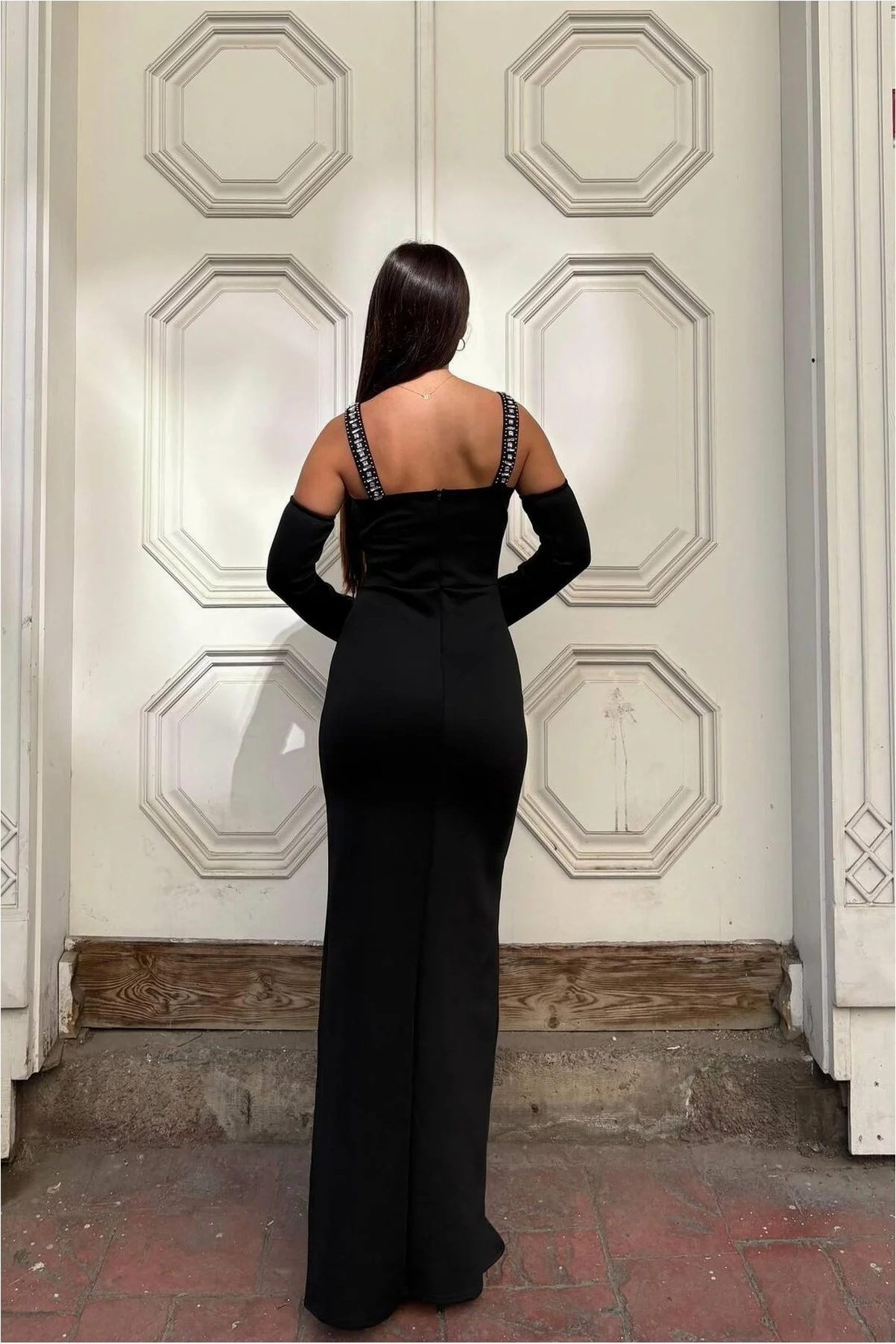 Kadın Şık Kare Yaka Taş Detaylı Askılı Abiye Elbise görsel 3