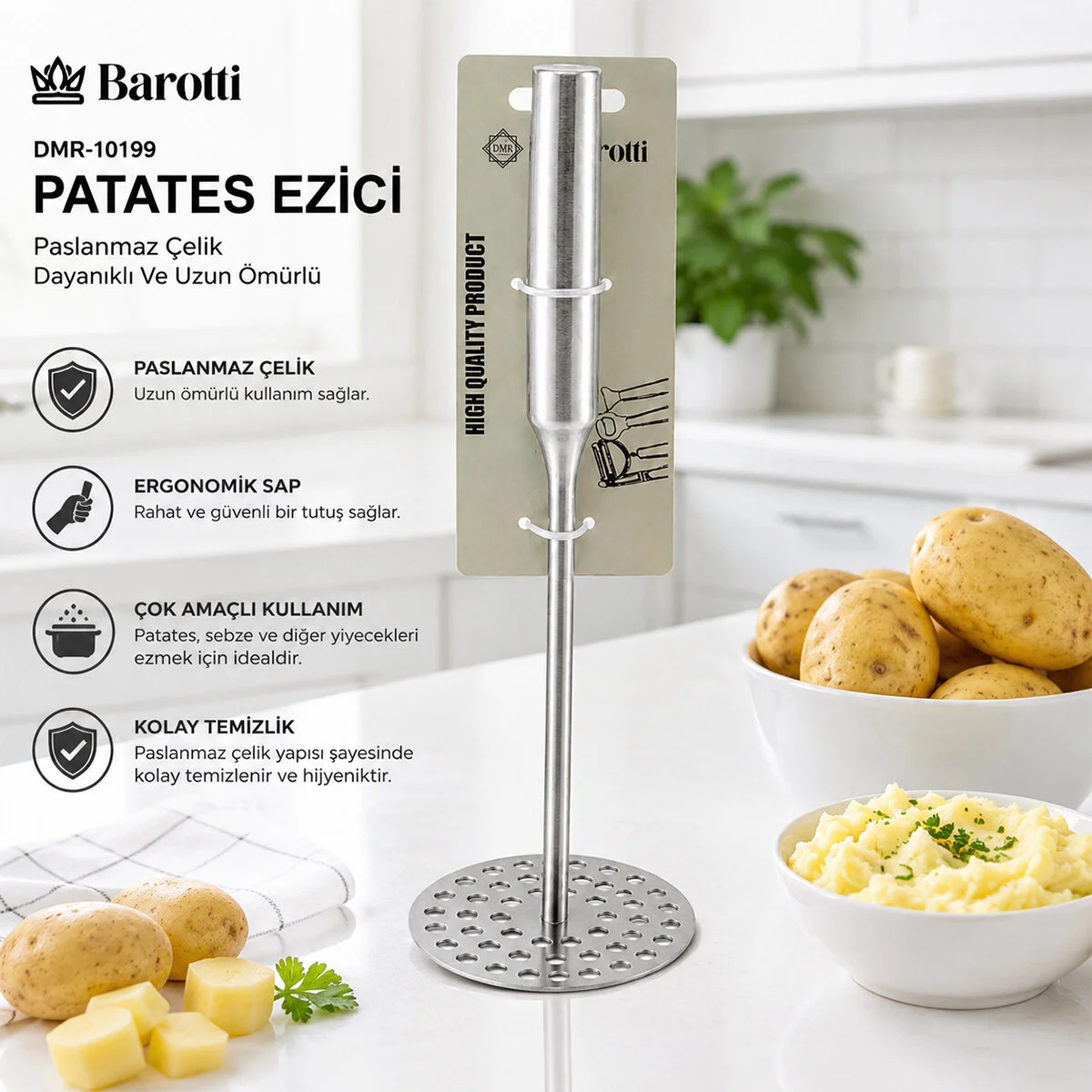 Yuvarlak Çap: 8CM Metal Saplı = 11.5CM Metal Patates Ezici Toplam Uzunluk: 26.5CM görsel 2