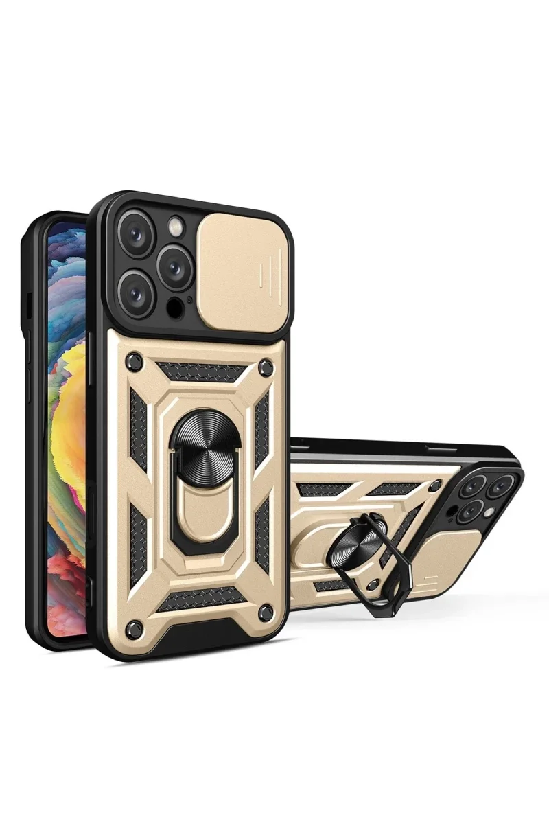Apple iPhone 16 Pro Kılıf Pars Lens Yüzüklü Silikon - Gold