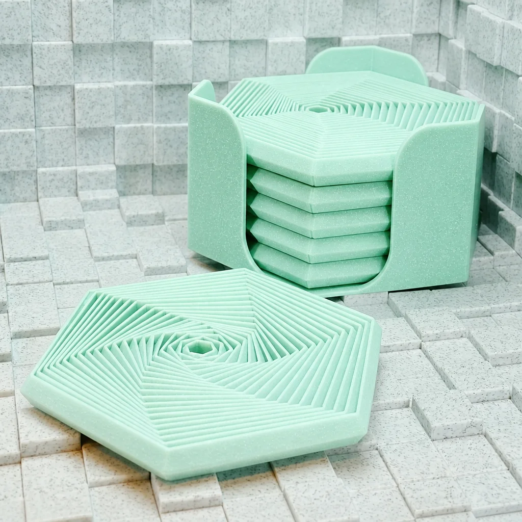 3D Baskı Super Fidget Coaster Seti - Altıgen Desenli Bardak Altlığı ve Tutucu-Mint