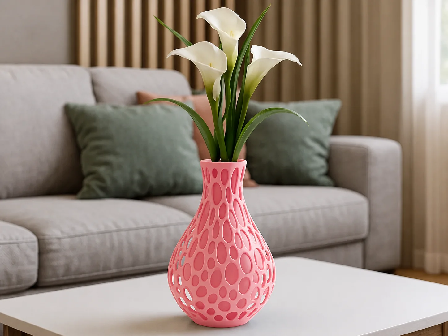 3D Baskı Petek Dokulu Vazo - Delikli Dekoratif Vazo-Pembe