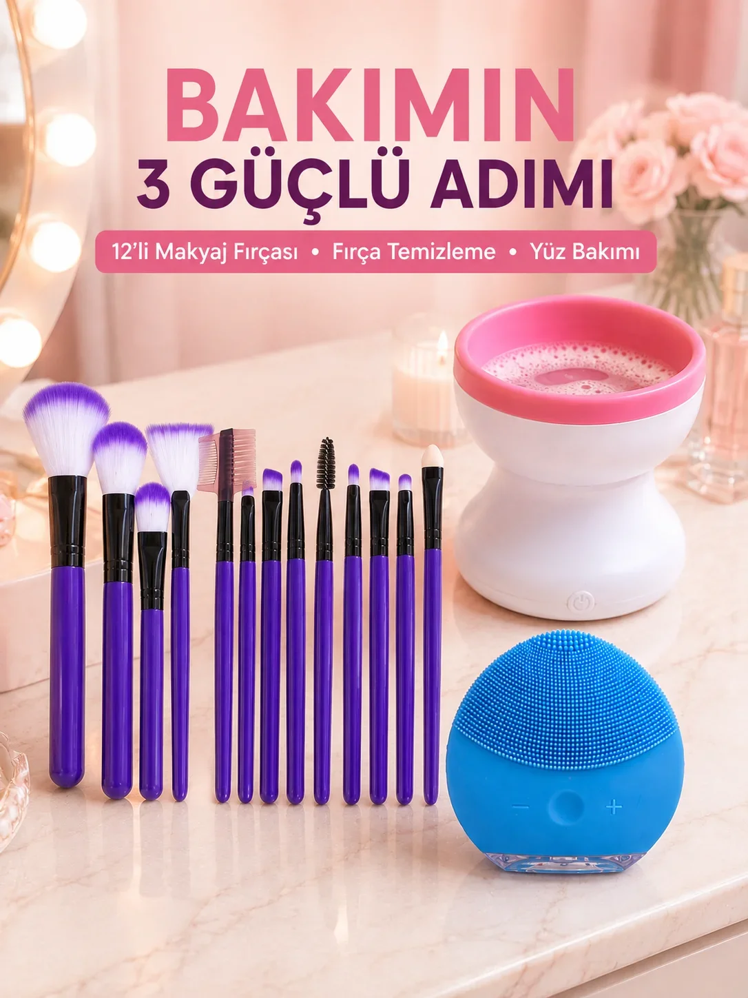 3’lü Güzellik ve Kişisel Bakım Seti 12’li Makyaj Fırçası Fırça Tezleme Cihazı ve Yüz Tezleme Cihazı