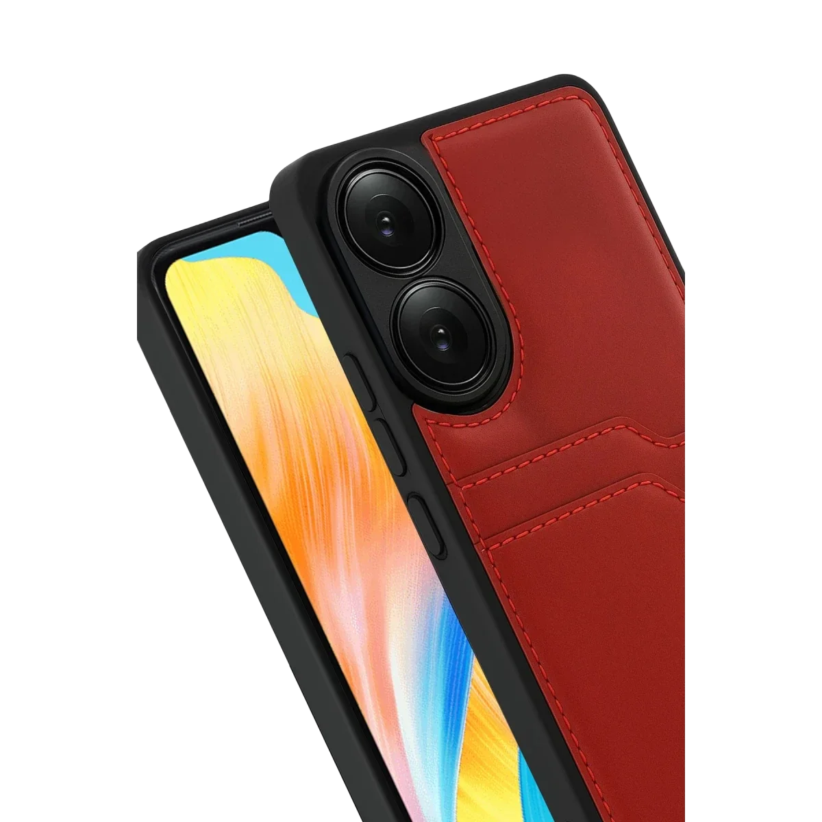 Oppo A38 Sara Kartvizitli Deri Kılıf - Kırmızı görsel 2