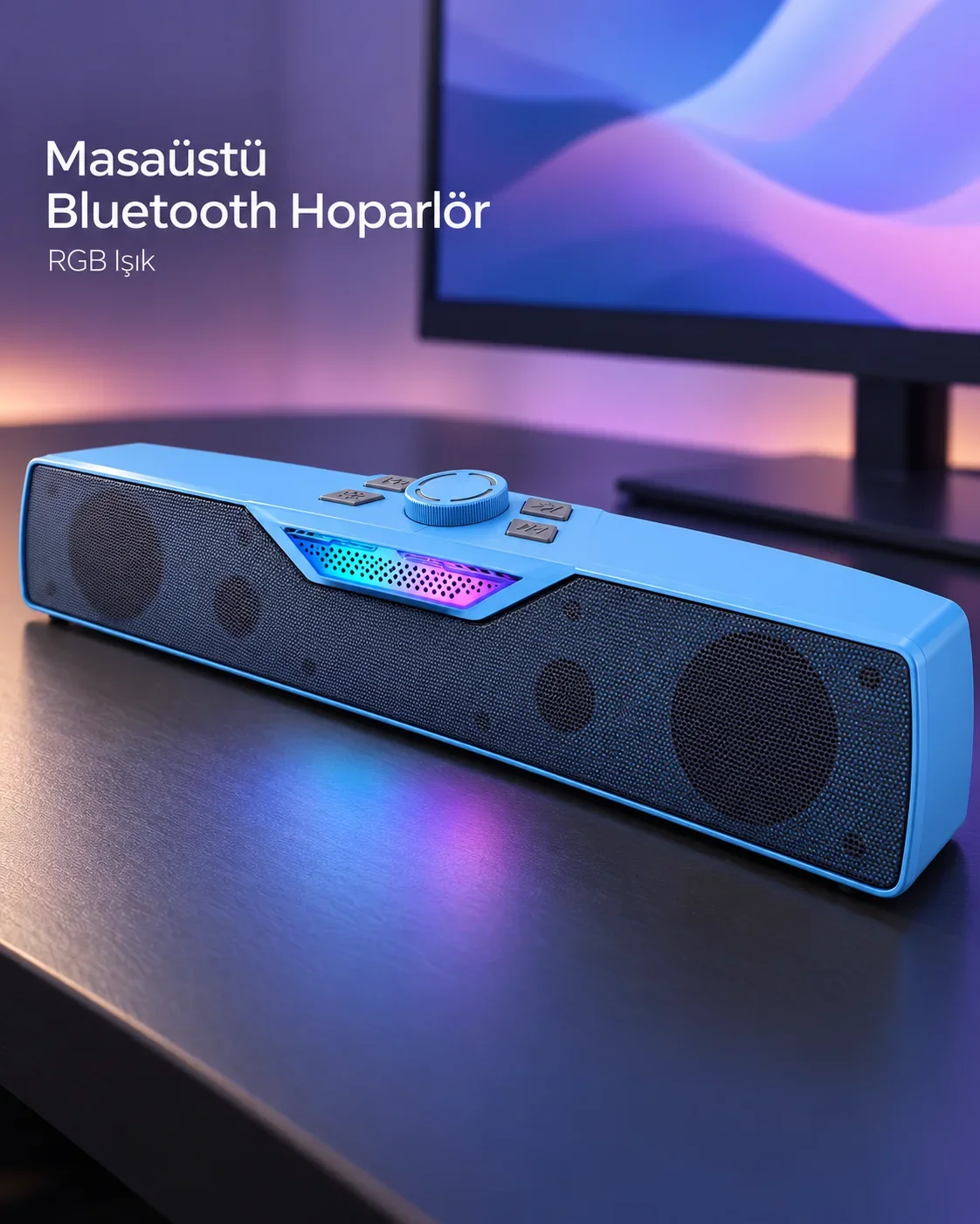 RGB Işıklı Bluetooth 5.4 Masaüstü Soundbar Hoparlör USB ve TF Kart Destekli Mavi