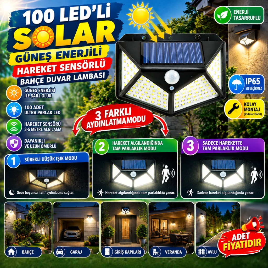 100 Ledli 3 Farklı Aydınlatma Ayarlı Solar Güneş Enerjili Hareket Sensörlü Bahçe Duvar Lambası
