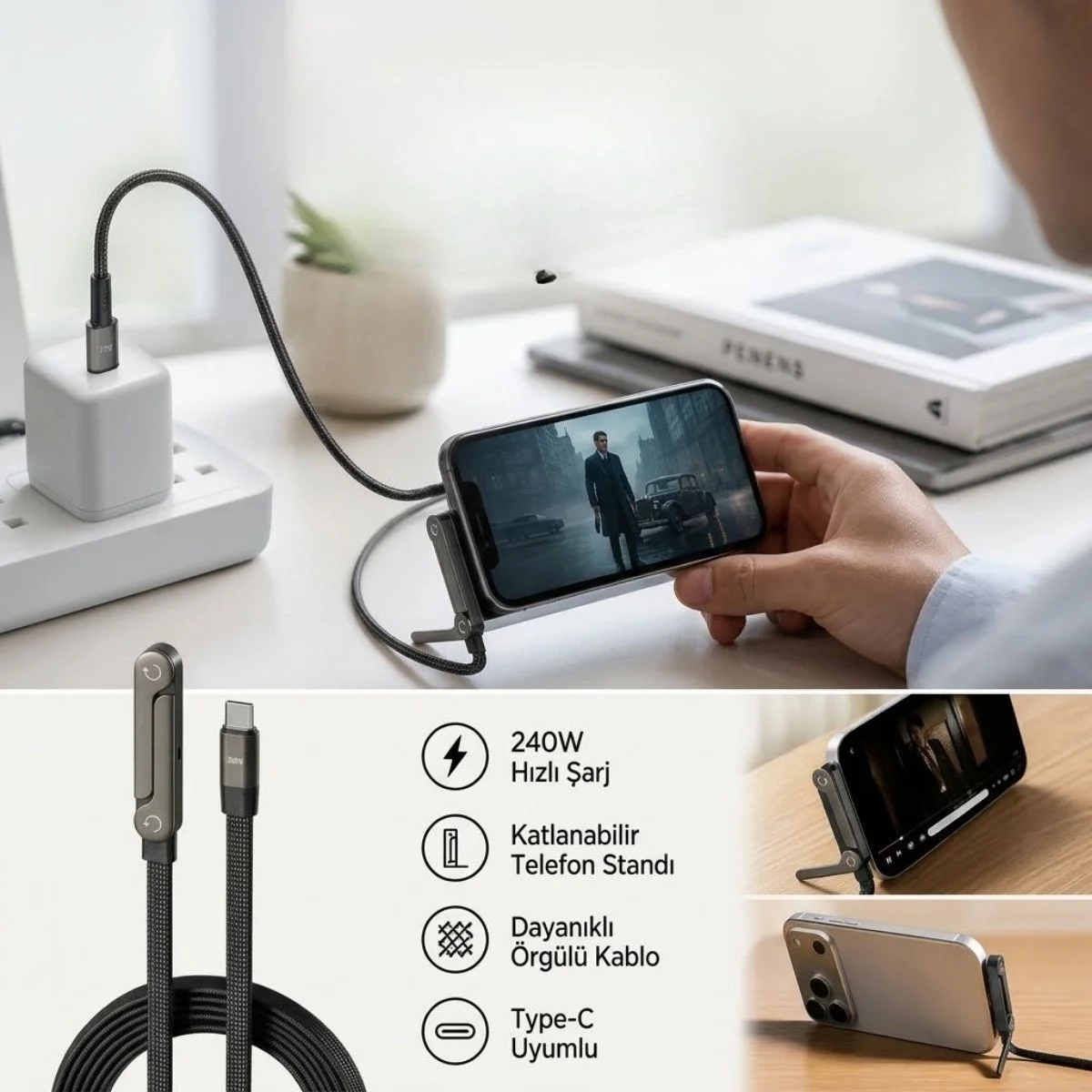 240W Hızlı Şarj Destekli Katlanabilir Telefon Standlı Örgülü Type-C to Type-C Şarj Kablosu görsel 5