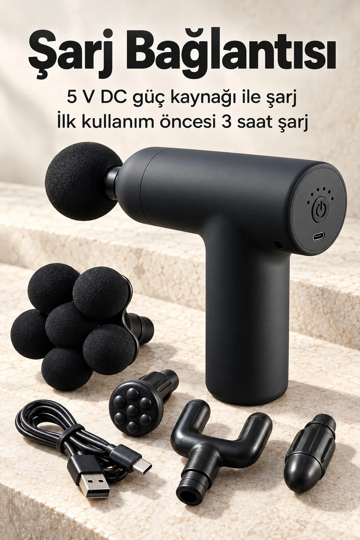 El Tipi Masaj Tabancası Top Başlıklı Siyah Gövde