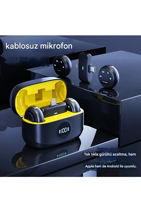 Kablosuz Profesyonel İkili Yayın Yaka Mikrofonu Şarj Kutu Mıknatıslı typce Lightning Çıkış Mikrofon görsel 2