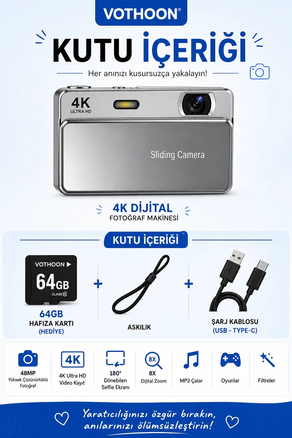 Dijital Kamera 4K HD 48MP 8X Zoom Flaşlı Kayar Retro Video Kamera 2.4’’ Ekran 64GB SD Kart Hediyeli Pembe görsel 5