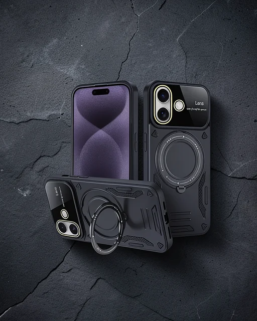 Apple İphone 16 Kılıf Joy Lens Standlı Kapak - Siyah