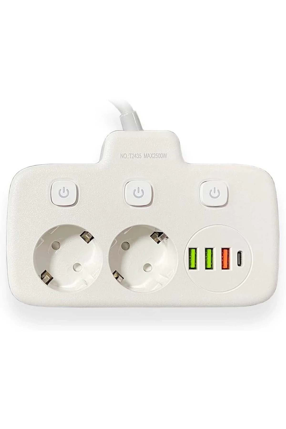 Akım Korumalı 2’li Ayrı Anahtarlı Priz, 2x Priz, 3x Usb, 1x Type-c, 2 Mt Kablo, Hızlı Şarj görsel 4