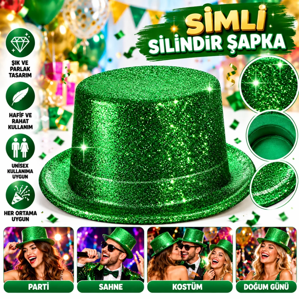 Yeşil Simli Glitter Silindir Parti Şapkası görsel 2