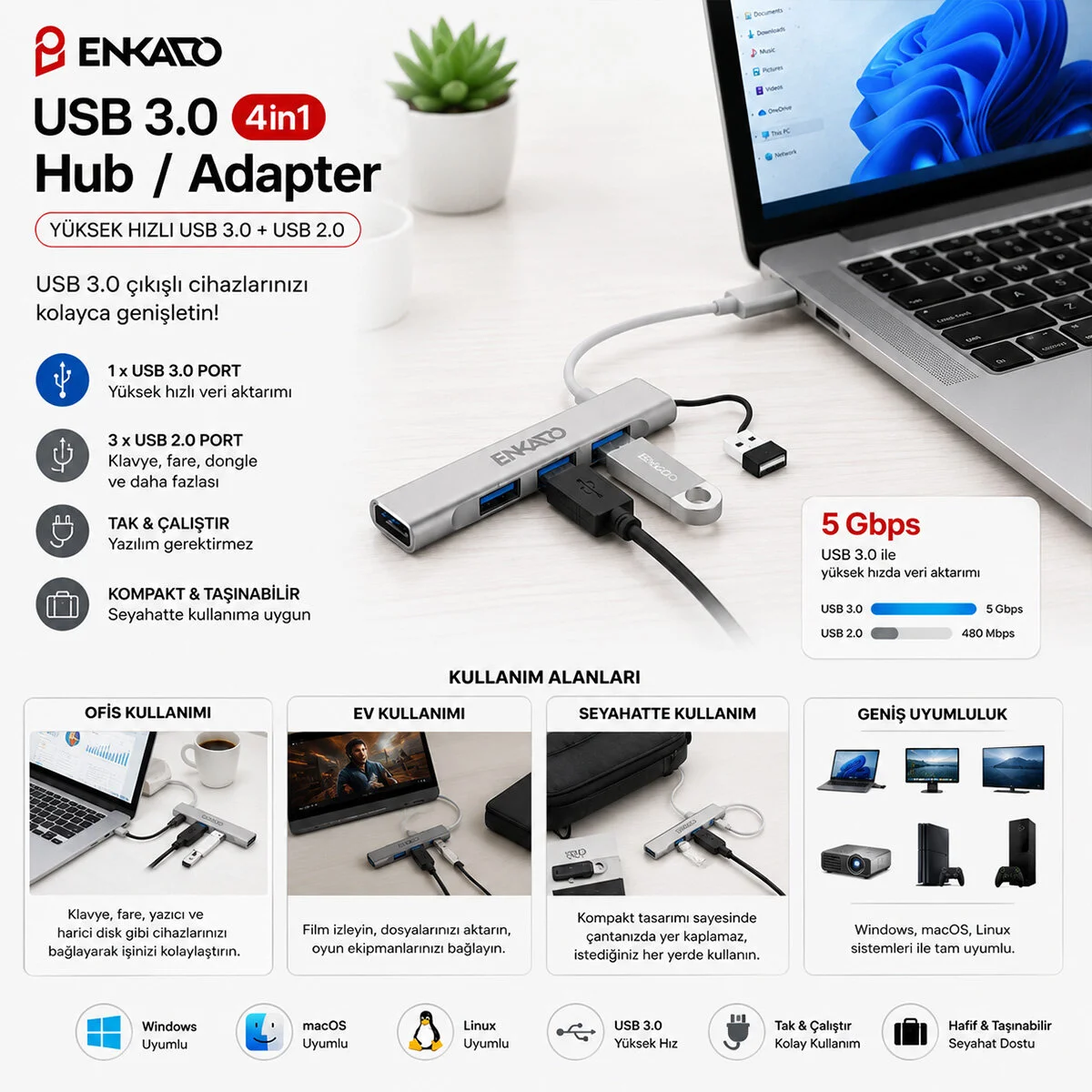 Usb 3.0 Giriş 4IN1 Usb Çoğaltıcı 4 Anahtarlı Port - Hı-speed Usb 3.0 - Usb 2.0 Hub Adaptör EKD-UH60 görsel 2