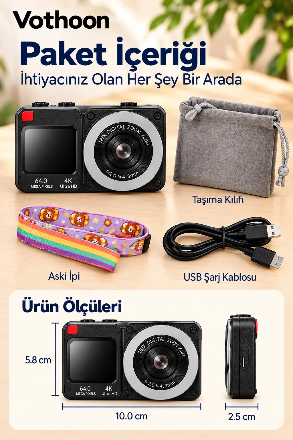 4K Dijital Fotoğraf Makinesi 18X Dijital Zoom 64 MP Ön ve Arka Ekranlı Kompakt Kamera Siyah görsel 3