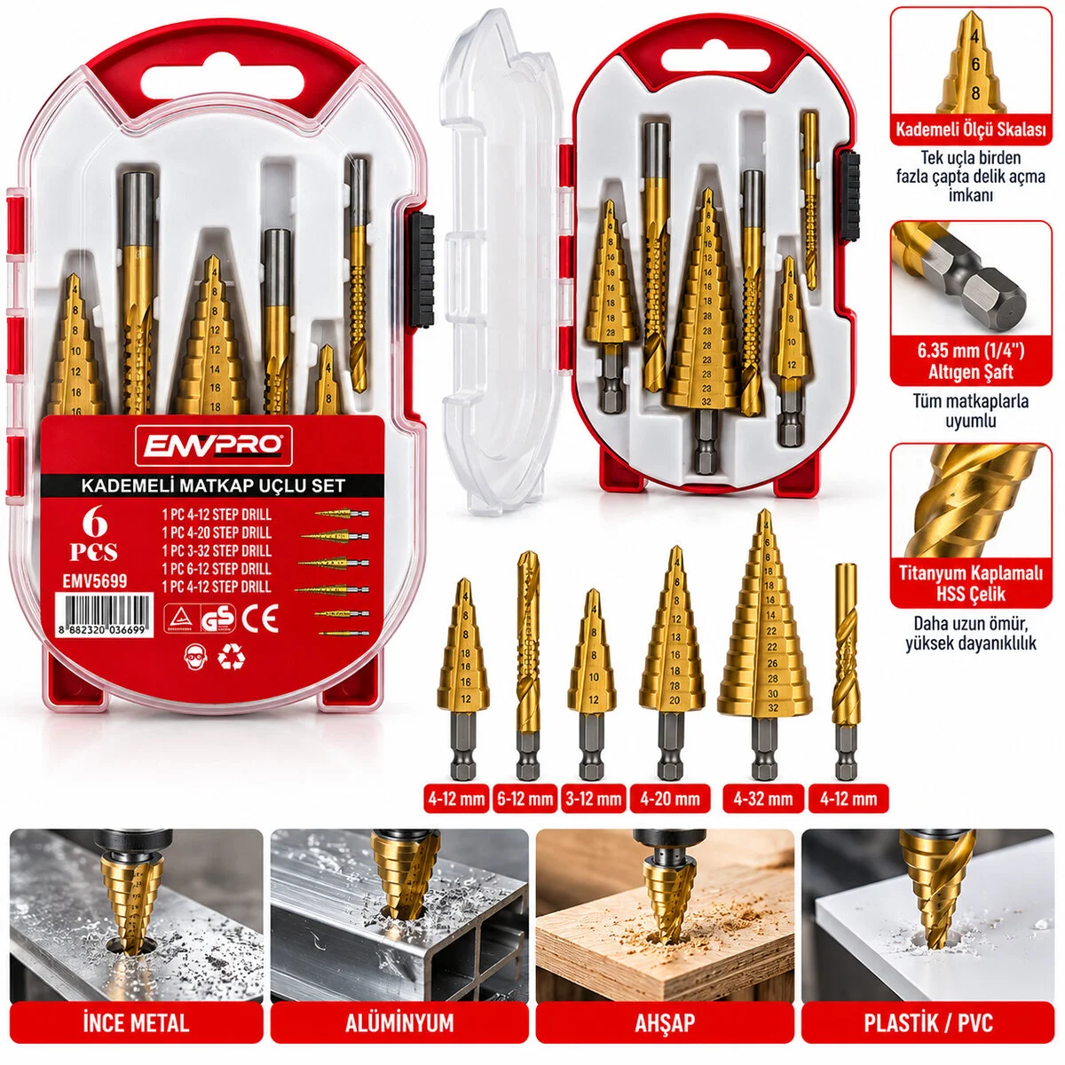 6PCS Matkap Uçlu Kademeli Set 4-12MM - 4-20MM - 4-32MM - 3MM - 6MM - 8MM görsel 2