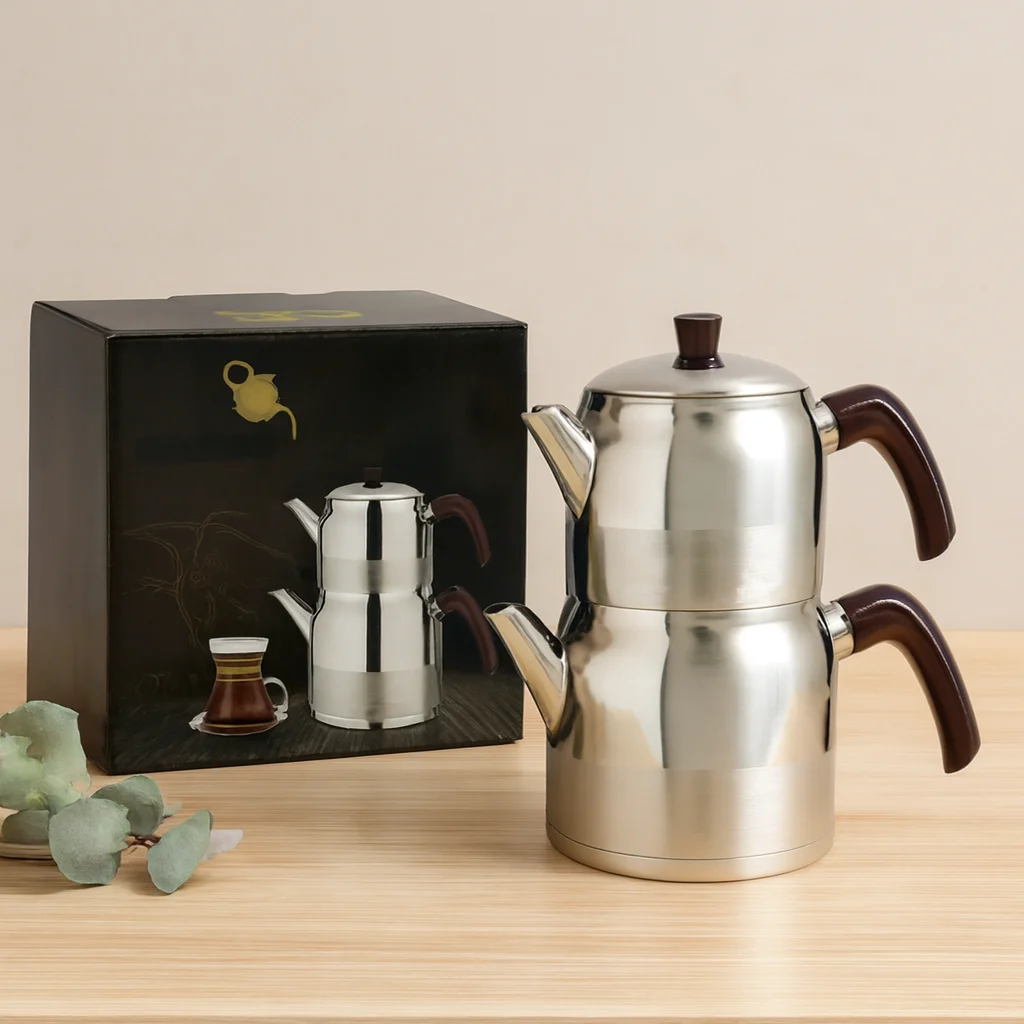 Çelik ni Çaydanlık Seti - Çift Kapaklı 1L/1.5L Kendinden Süzgeçli