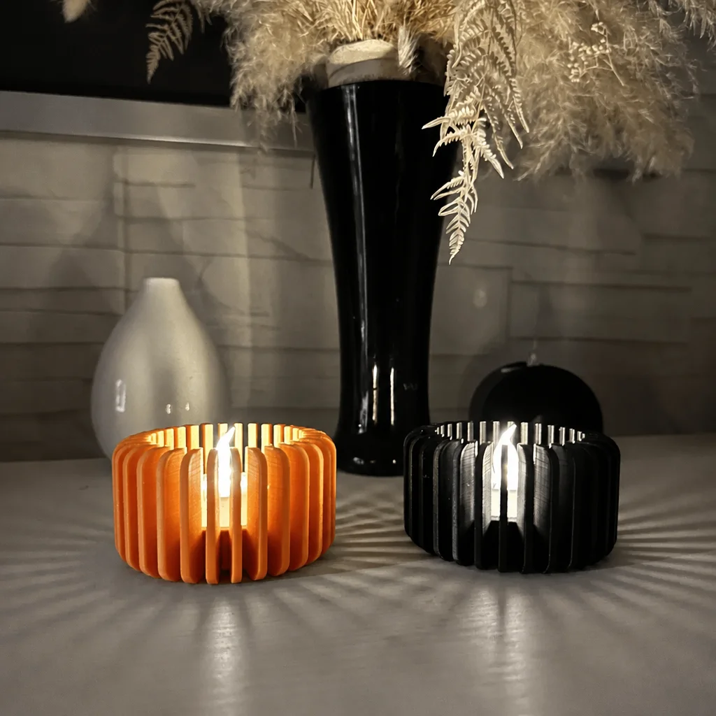 3D Baskı Modern Çizgili Mumluk - Tealight Mumluk (1 Adet)-Turuncu görsel 2