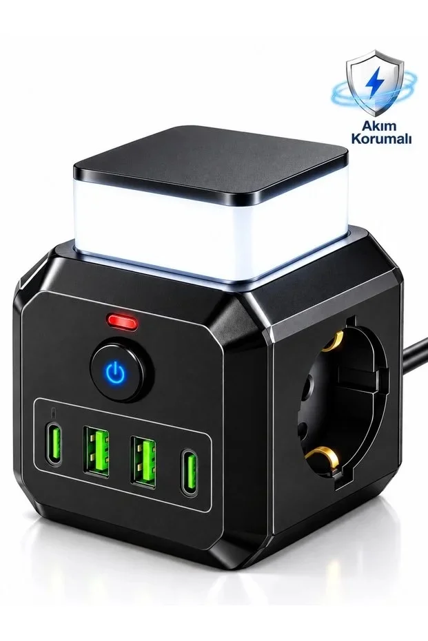 Akım Korumalı 3’lü Priz 2200W 1050J 10A Gece Lambalı 2 USB 2 Type-C Şarj Girişli Bsp-4 görsel 2