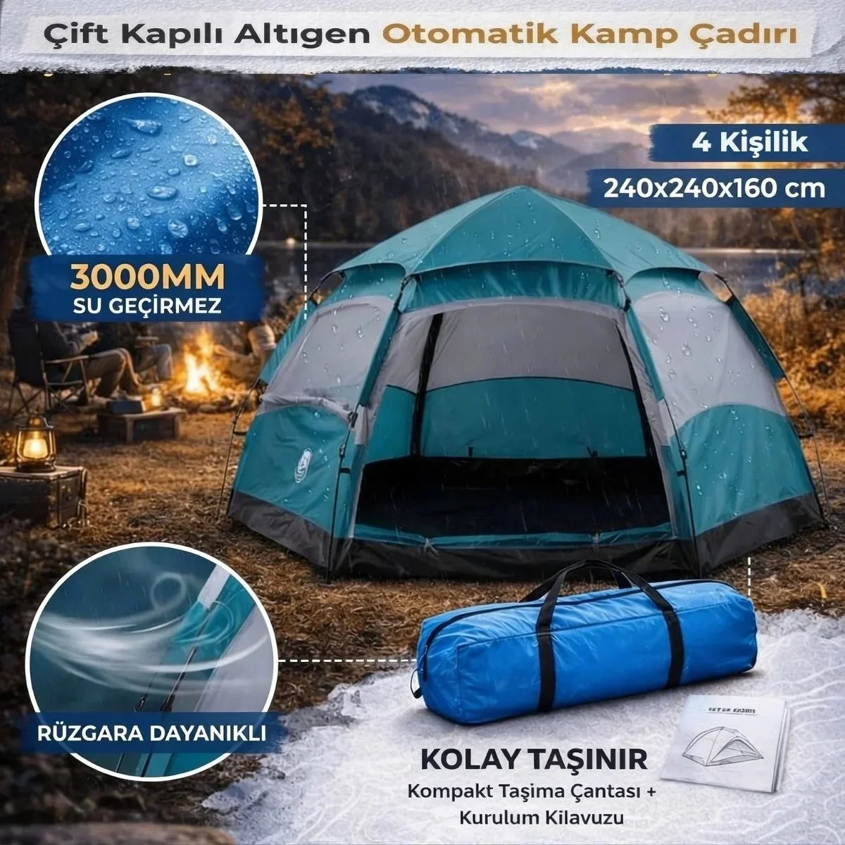4 Kişilik Otomatik Kamp Çadırı – Altıgen Tasarım, Çift Kapılı, Suya Dayanıklı, Hızlı Kurulumlu Geniş Aile Outdoor Çadırı 240x240x160 cm görsel 2