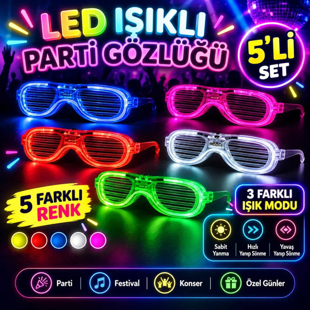 Glow Model Led Işıklı Parti Gözlüğü 3 Modlu 5 Renk 5 Adet görsel 2