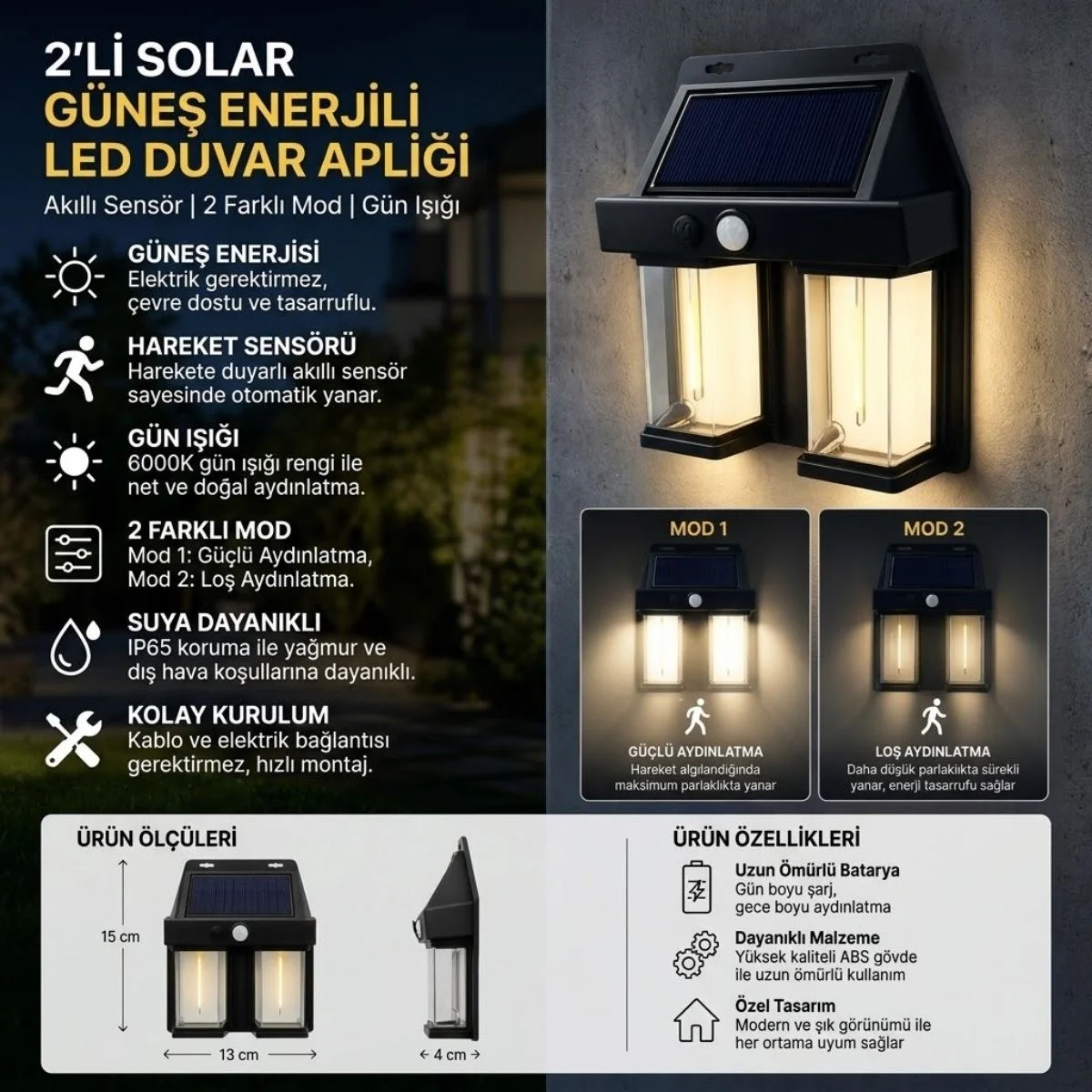 2'li Solar Güneş Enerjili LED Duvar Apliği, Hareket Sensörlü, Şarjlı, Kablosuz Dış Mekân Bahçe ve Kapı Lambası görsel 5