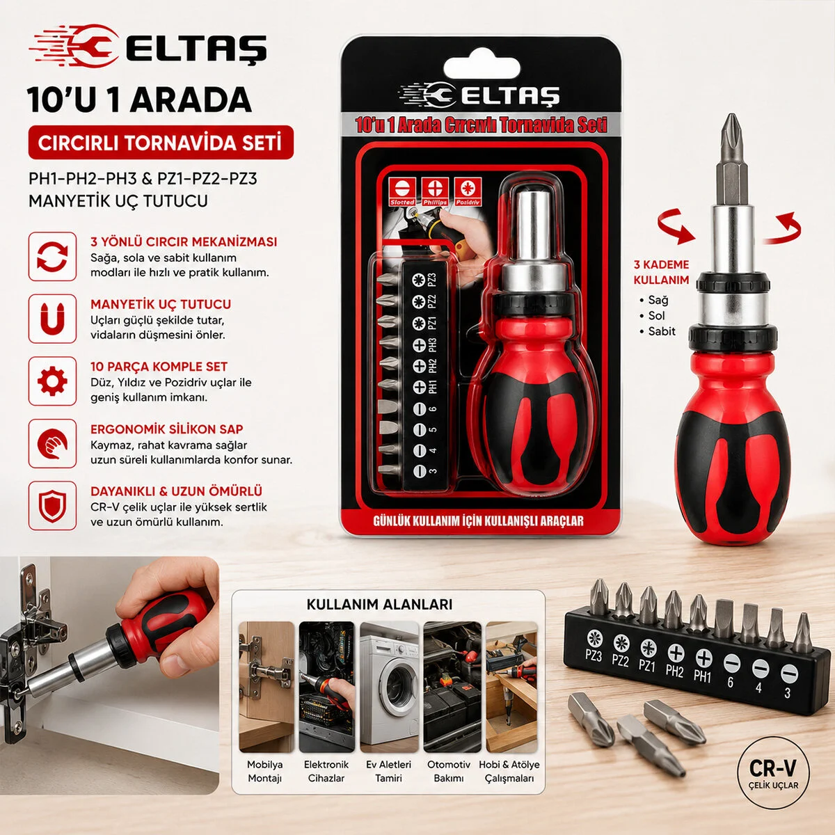 10IN1 Silikon Sap - Cr-v Cırcırlı Tornavida Bits Seti PH1-PH2-PH-3 - PZ1-PZ2-PZ3 Manyetik Uç Tutucu görsel 2