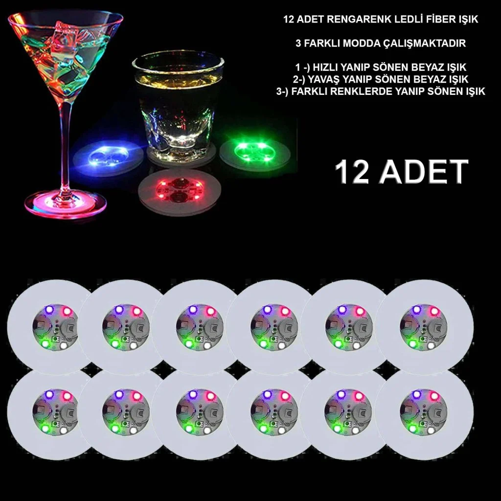 Renkli LED Işıklı Bardak Altlığı - Dekoratif (12 Adet, Pilli) görsel 2