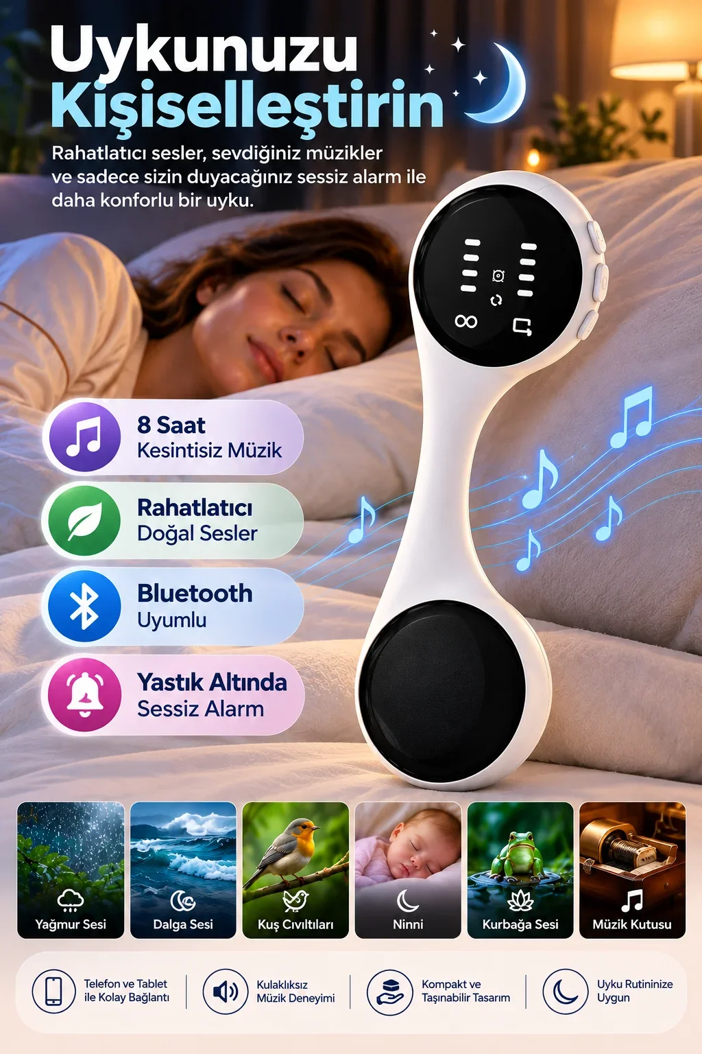 Bluetooth Uyumlu Yastık Altı Uyku Hoparlörü Sessiz Alarm Doğal Sesler 8 Saat Müzik Dinleme