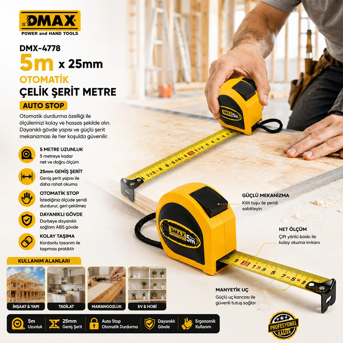 12 Adet 5MT X 25MM Otomatik Çelik Şerit Metre Stoplu görsel 2
