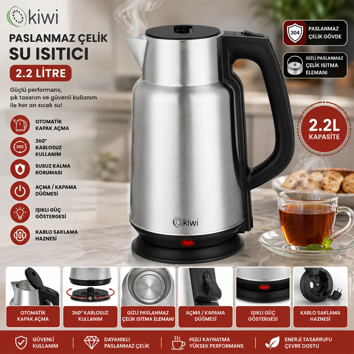 Elektrikli Su Isıtıcı 2.2L 1500W Paslanmaz Çelik Gizli Rezistans 360° görsel 6