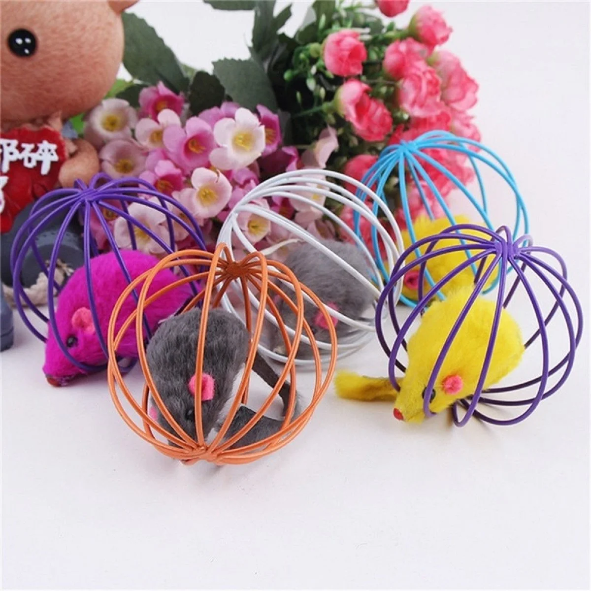 Renkli Metal Kafesli Peluş Fareli Kedi Köpek Oyuncağı Oyun Topu 6 cm görsel 3