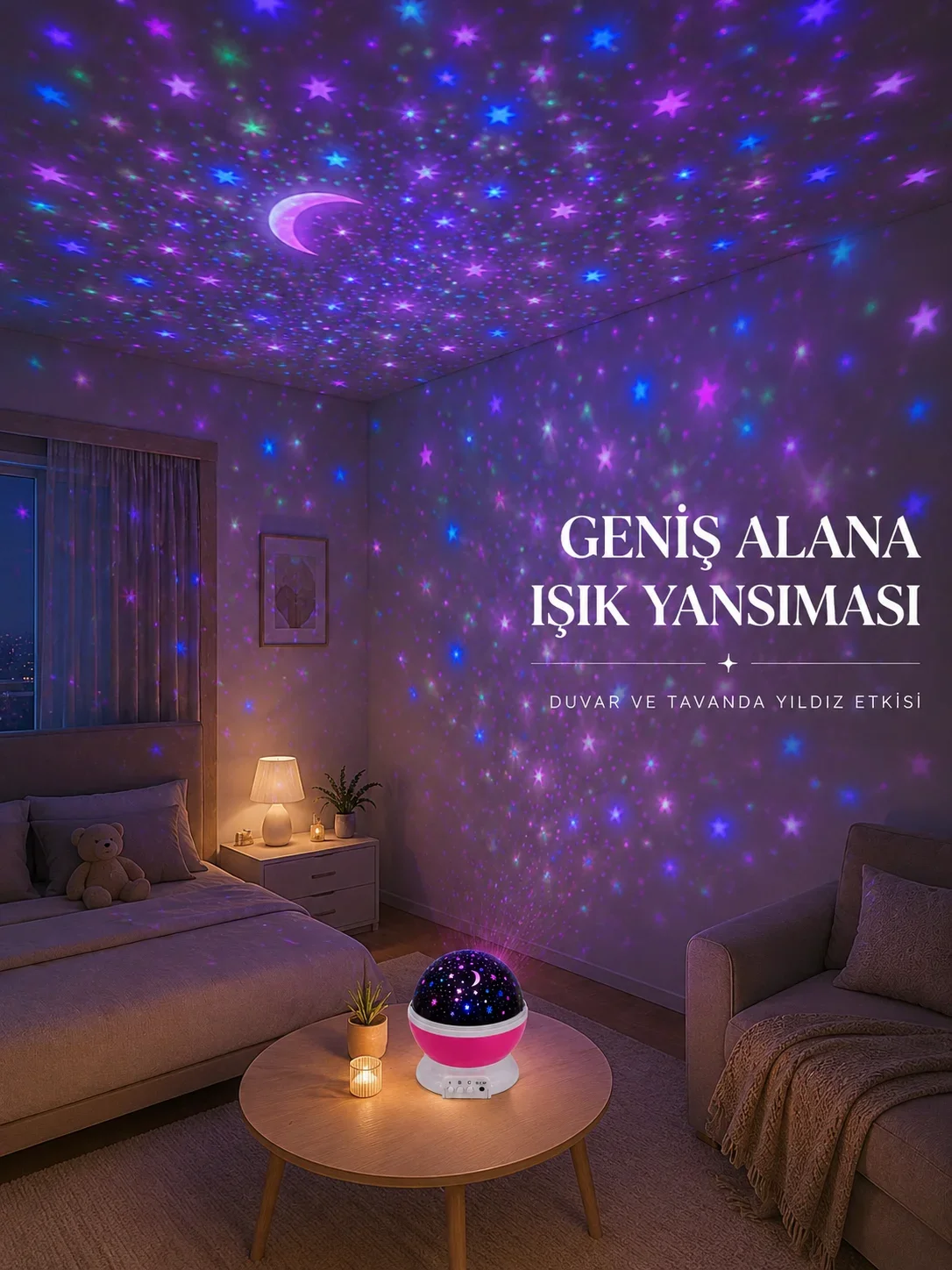 Yıldızlı Gökyüzü Projektörü Pembe Renkli Döner Çocuk Odası Gece Lambası