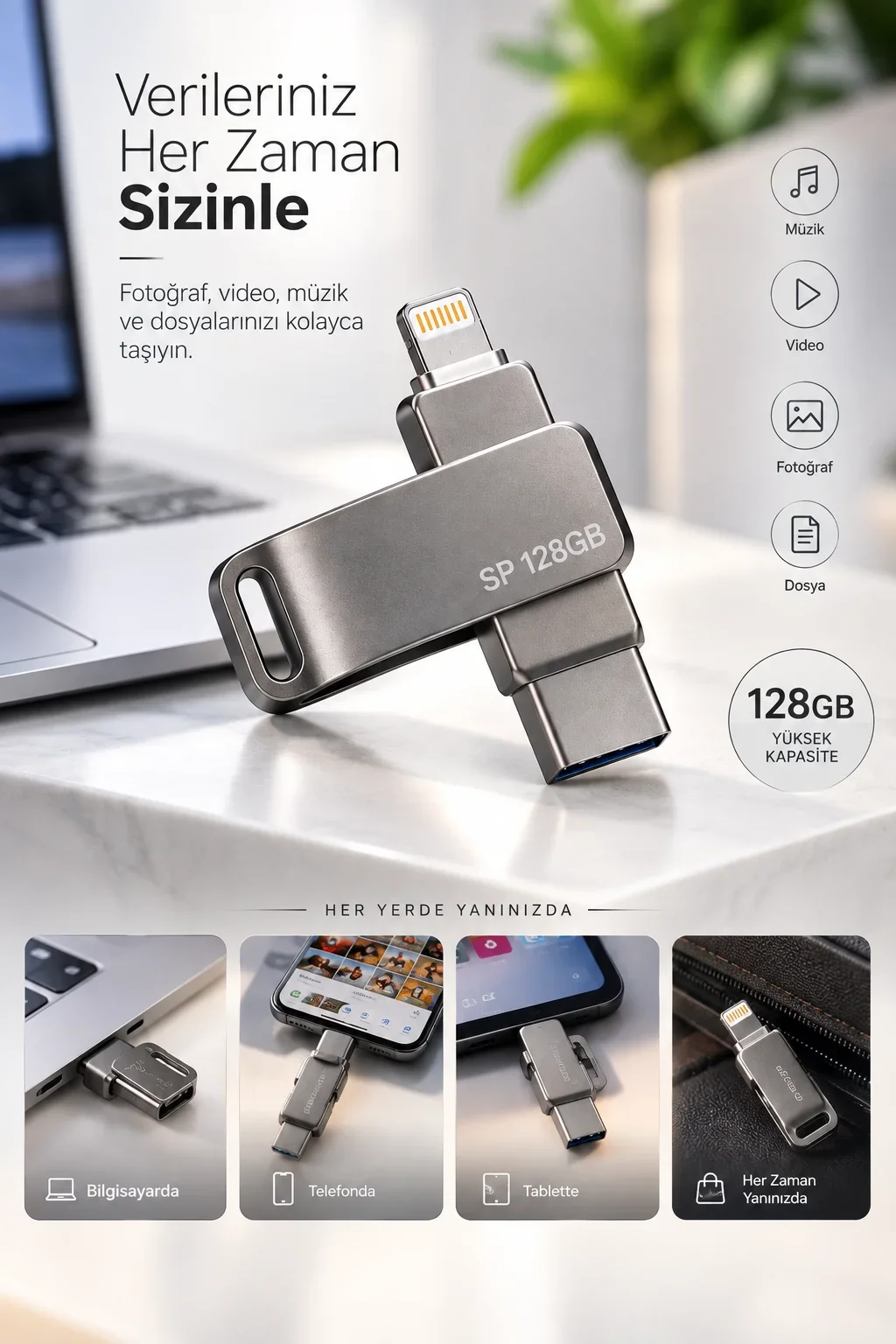 Kompakt Tasarımlı 128GB Çok Amaçlı USB Flash Bellek Lightning Type C Girişli Taşınabilir Depolama