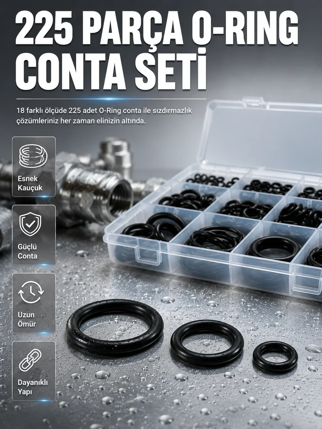Organizer Kutulu O-Ring Conta Seti 225 Parça | Dayanıklı Kauçuk Sızdırmazlık Contaları