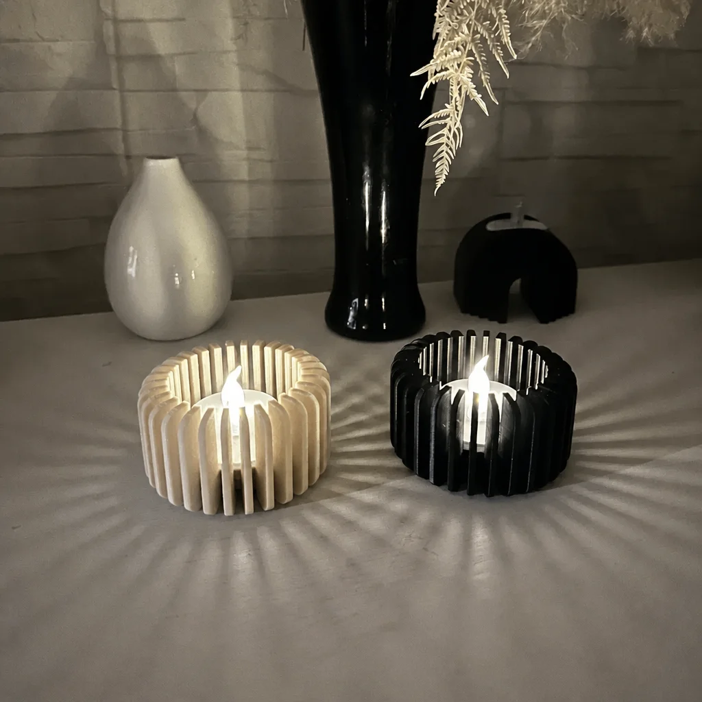 3D Baskı Modern Çizgili Mumluk - Tealight Mumluk (1 Adet)-Bej