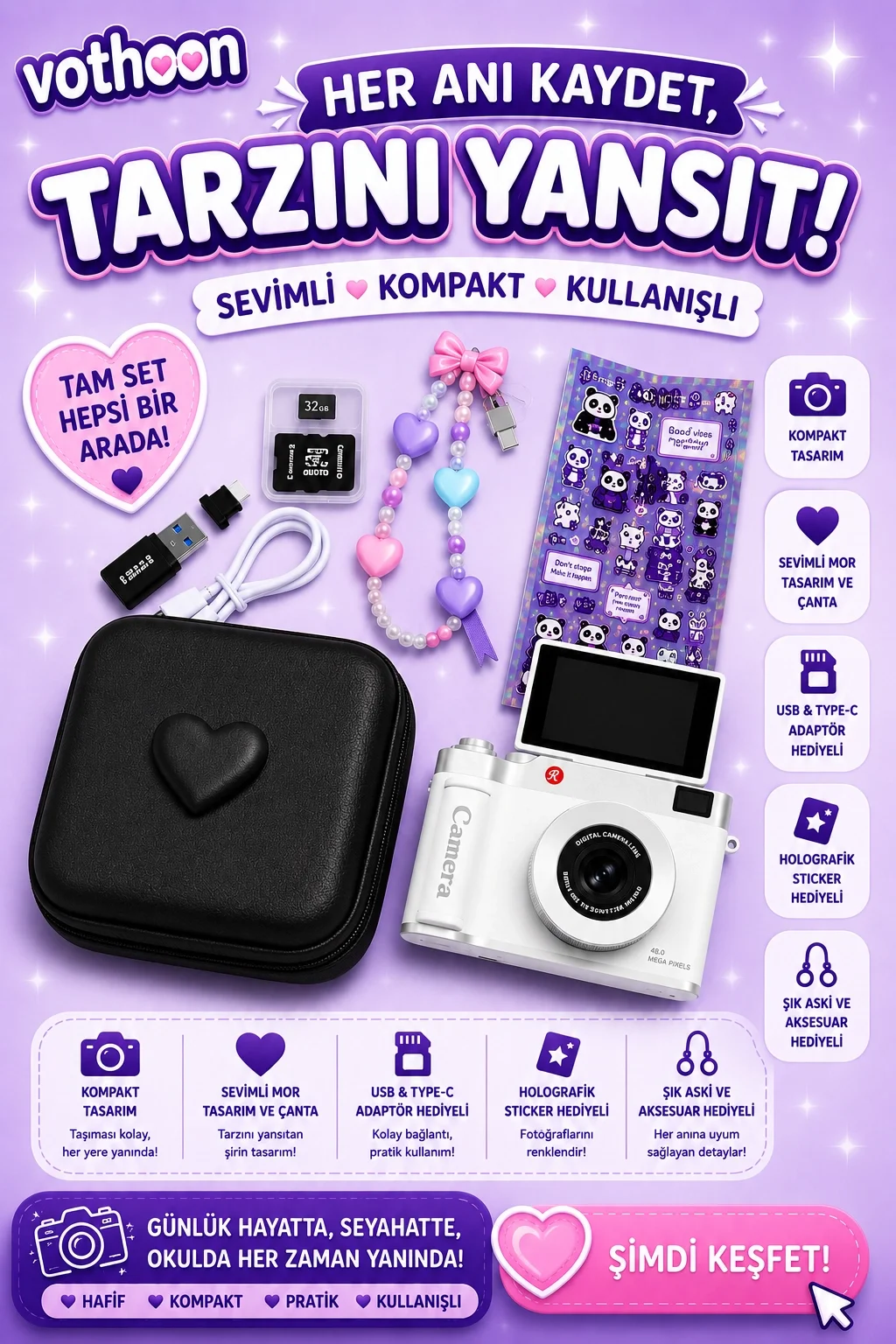 4K Çantalı Dijital Retro Video Kamera 48MP 16X Zoom Işıklı (32GB) Kart Dijital Fotoğraf Makinesi Beyaz