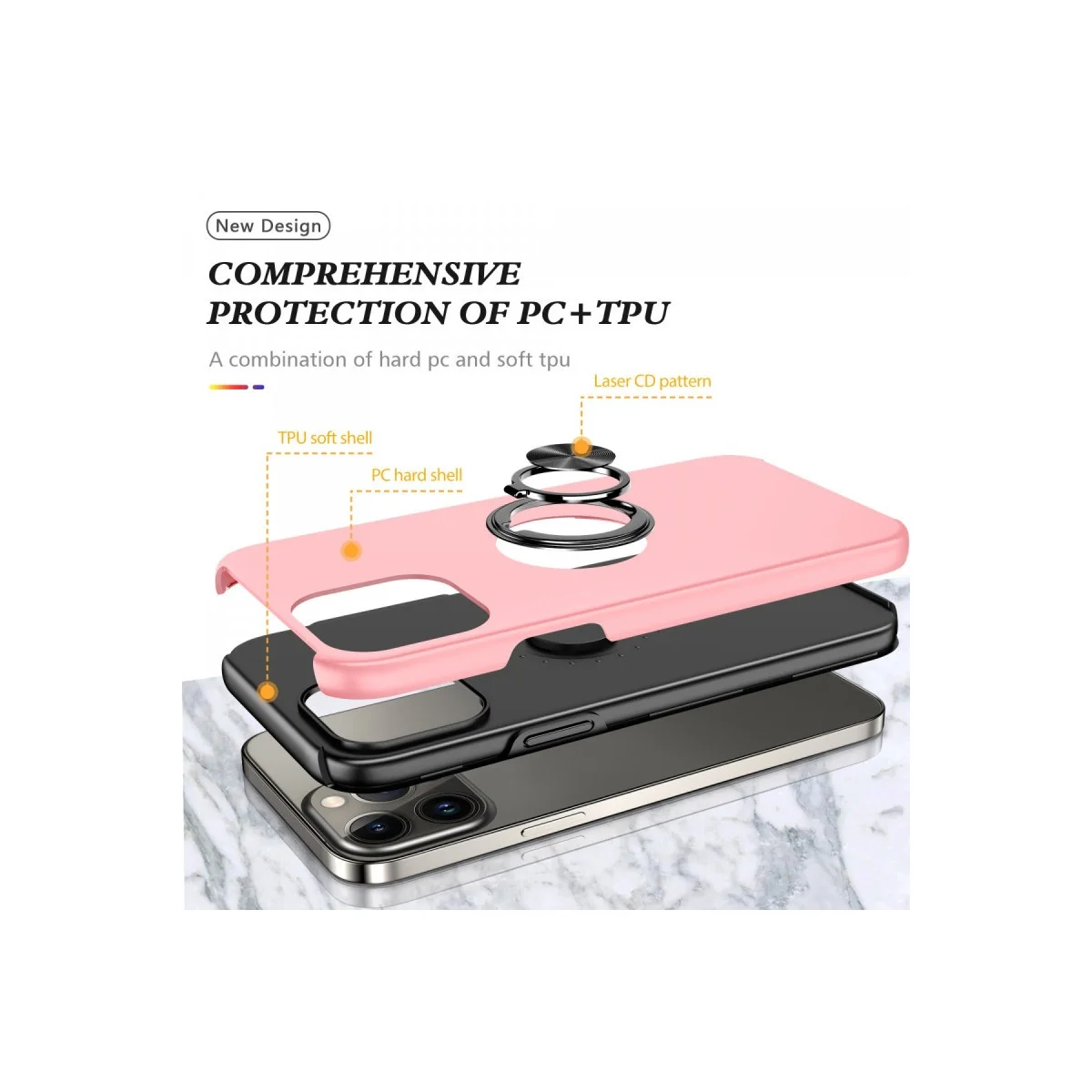 Apple İphone 13 Pro Max Kılıf Elit Yüzüklü Kapak - Pembe görsel 2