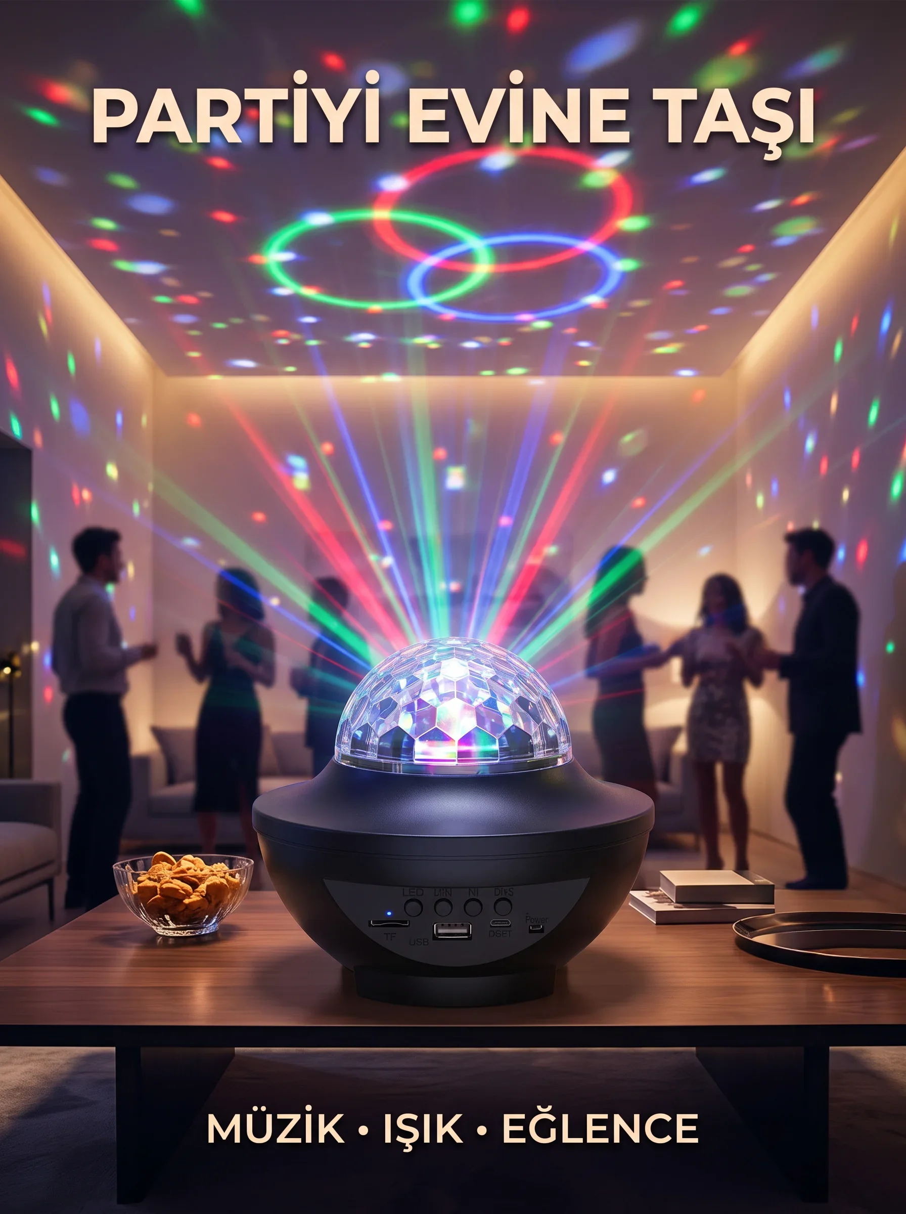 Müzikli RGB Disko Lambası Bluetooth Hoparlörlü Renkli Parti Işığı USB TF Kart Girişli