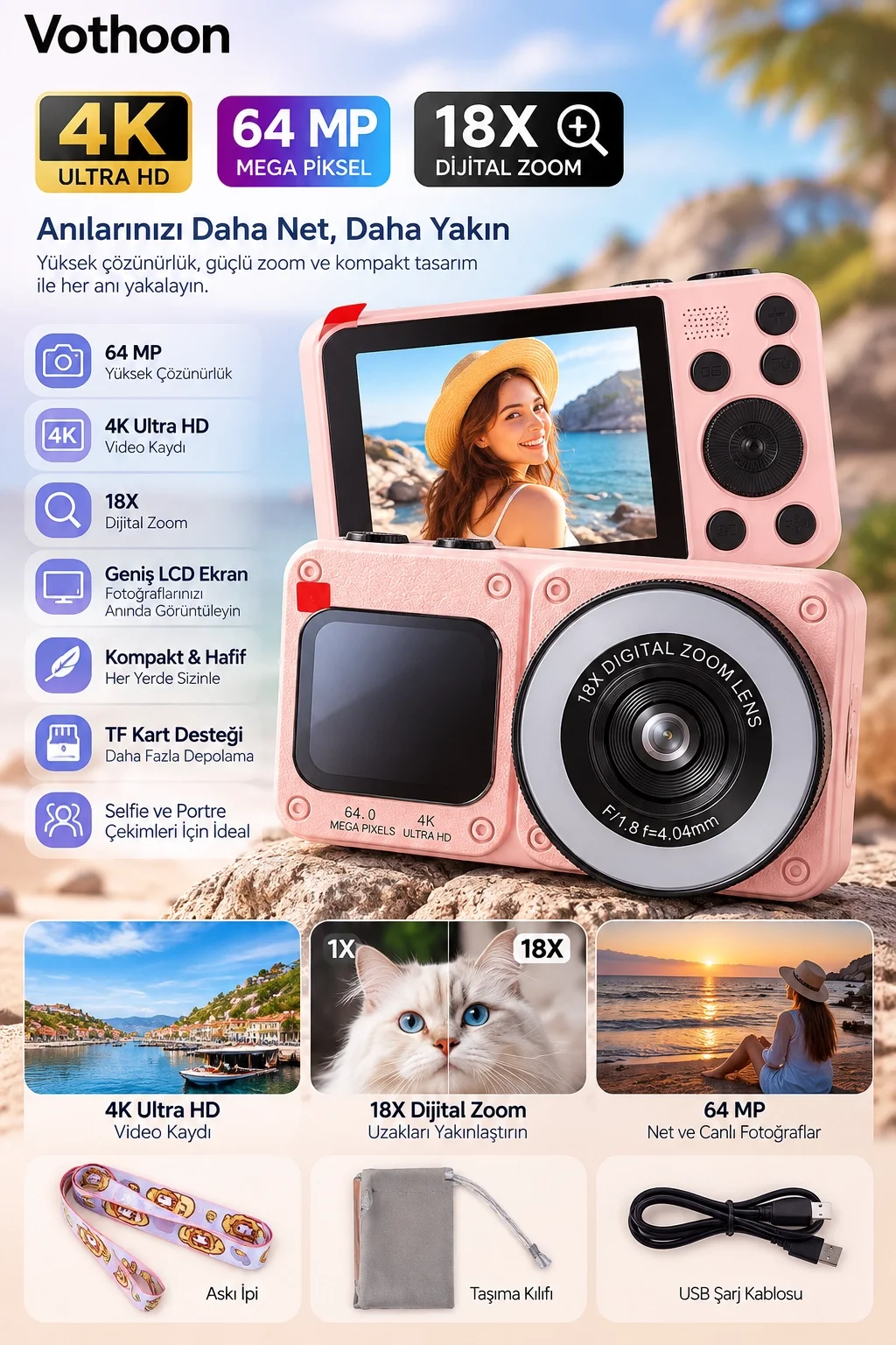 4K Dijital Fotoğraf Makinesi 18X Dijital Zoom 64 MP Ön ve Arka Ekranlı Kompakt Kamera Pembe görsel 2