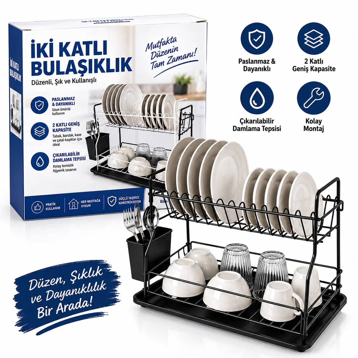 Siyah - Metal 2 Katlı Tabaklık - Bulaşıklık