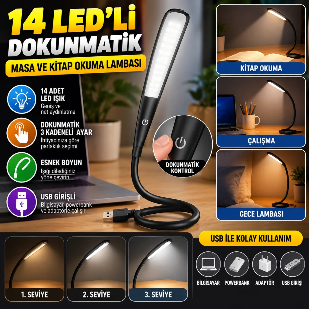 USB Girişli 14 Ledli 3 Kademeli Dokunmatik Masa/Kitap Okuma Lambası Ledi Siyah