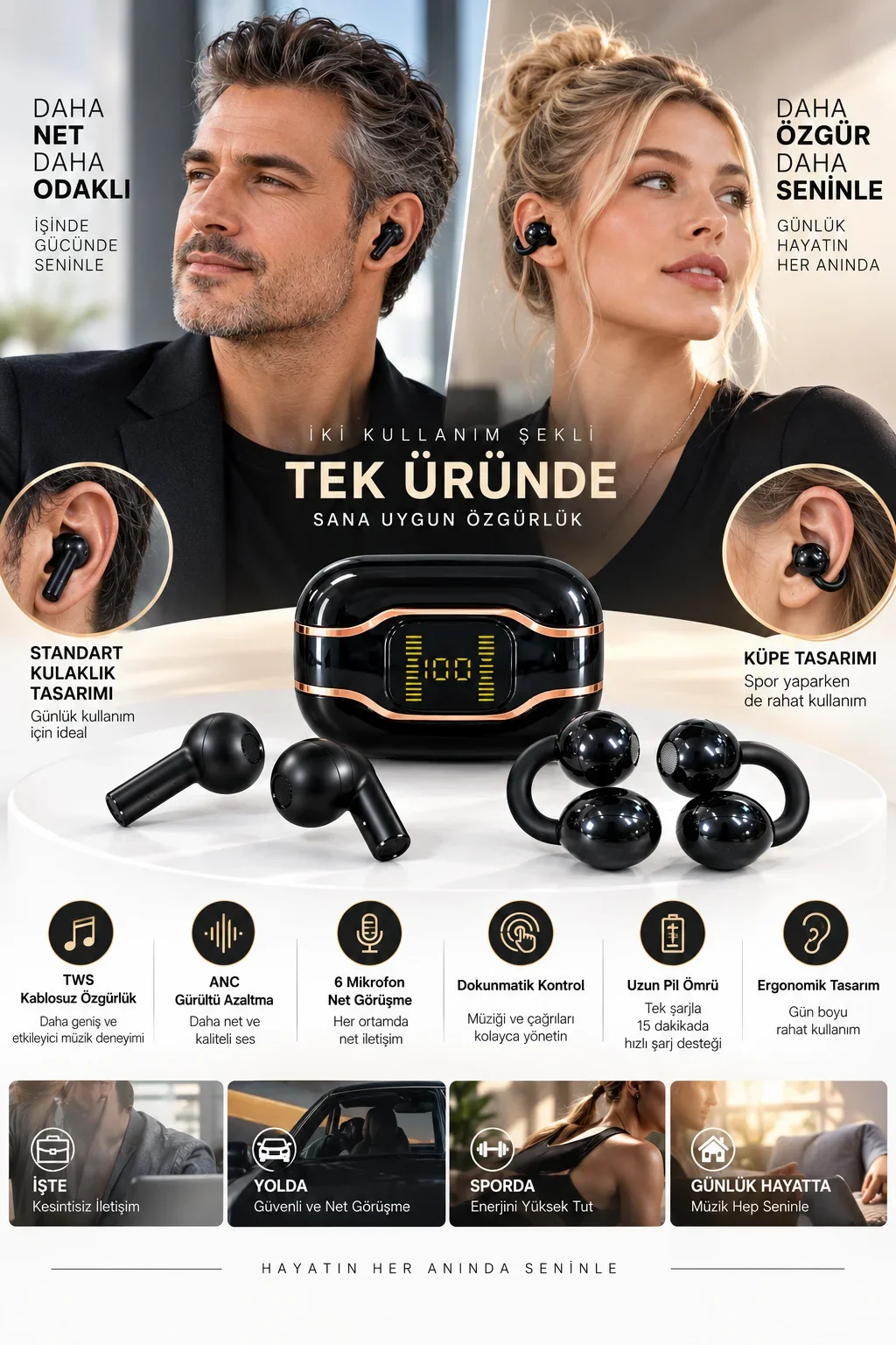 Günlük Hayatın İçin 4 Kulaklıklı TWS Kablosuz Kulaklık Seti Dijital Şarj Ekranlı