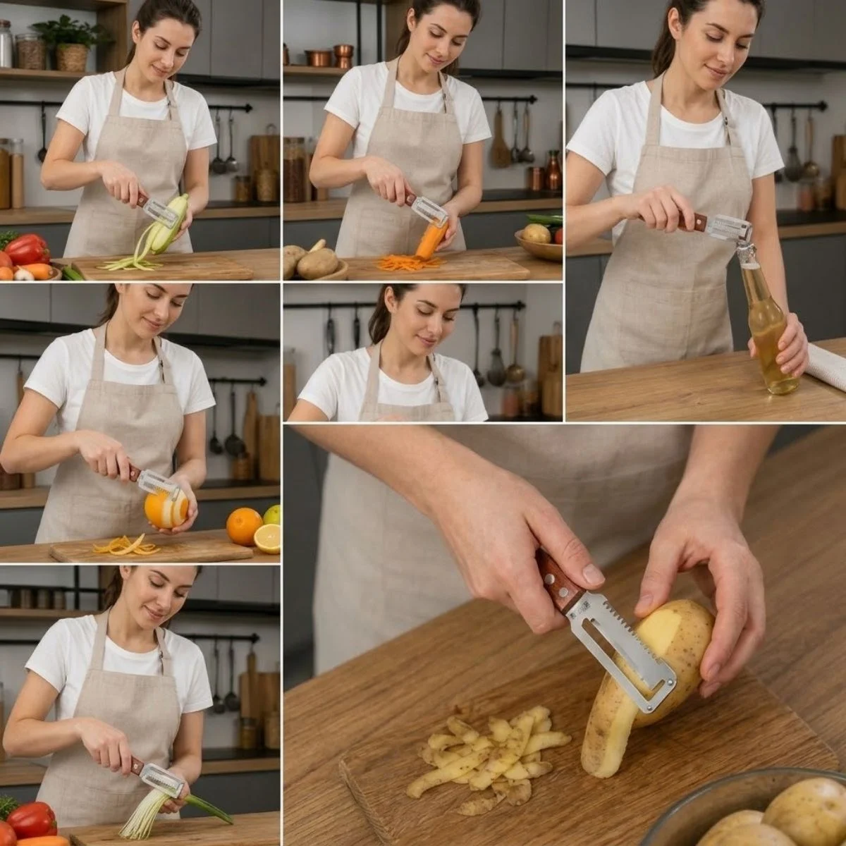 5'i 1 Arada Çok Fonksiyonlu Sebze ve Patates Soyucu, Paslanmaz Çelik Bıçaklı, Ahşap Saplı Mutfak Jülyen Soyacak, Şişe Açacağı görsel 2