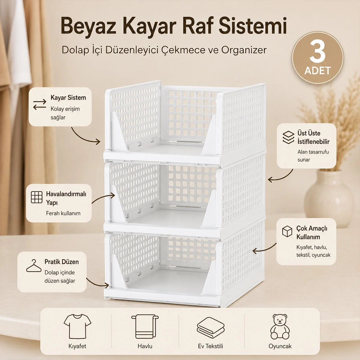 3 Katlı Portatif Organizer - Çok Amaçlı Kayar Raf 18.5X33.5X43CM Toplam 55.5CM görsel 2