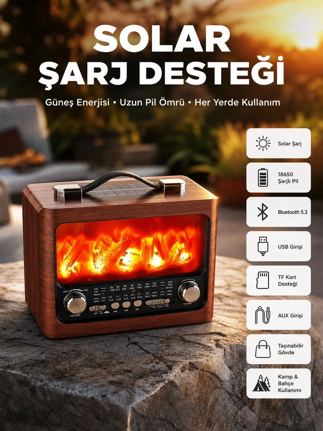 Taşınabilir Şöne Görünümlü Bluetooth Hoparlör – Solar Şarjlı, Alev Işıklı, 7W Ses