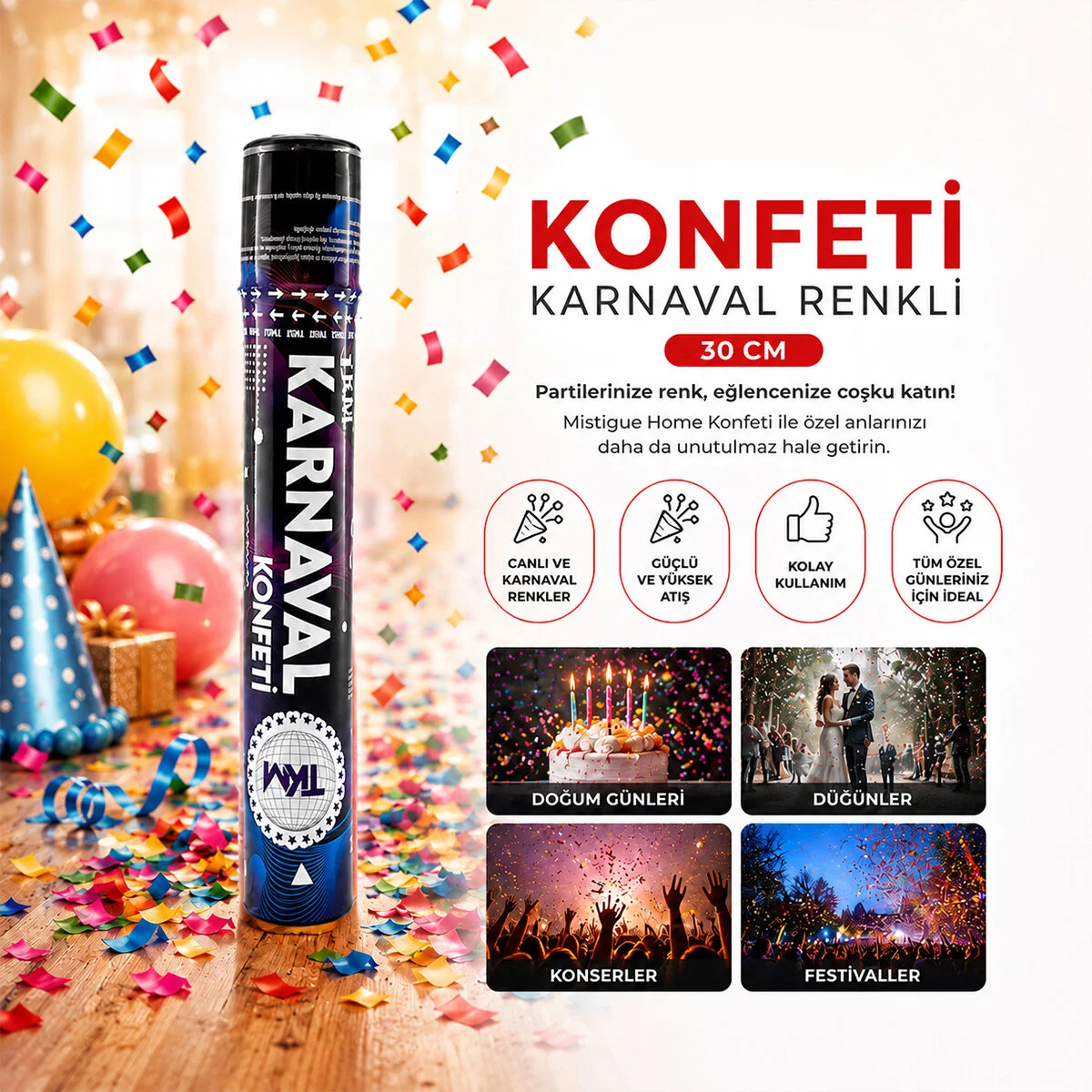 Konfeti Karnaval Metalik Renkli 30CM görsel 3
